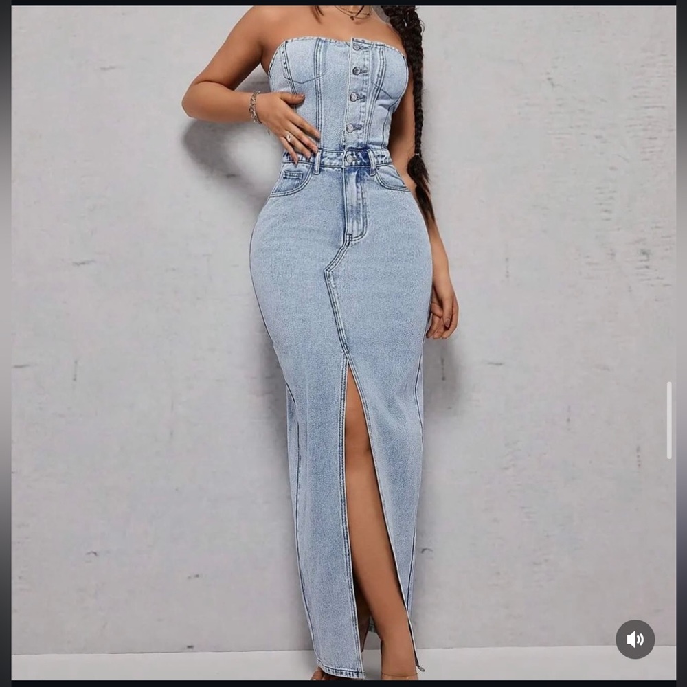 Stylish Denim Maxi Dress with Front Slit